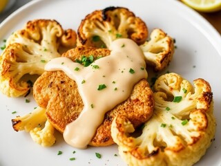 A plate of roasted cauliflower steaks, seasoned with garlic and herbs, topped with a lemon tahini sauce