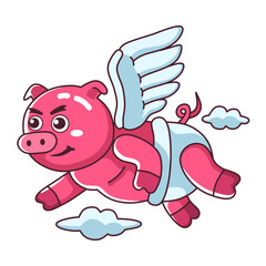 cute winged pig flying among the clouds.cartoon hand drawn illustration on white background