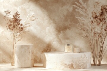 Abstract nature scene Stone podium composition and dry flower on beige brown background for cosmetic, beauty product branding, perfume, skin care and cosmetic backdrop. Copy space, front view , ai