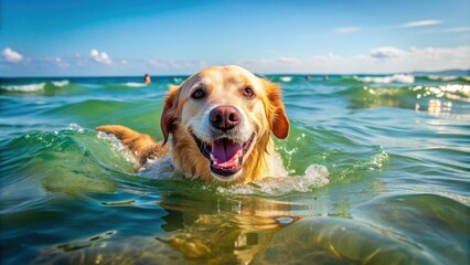 Dog happily swimming in the sea on a sunny day, dog, sea, ocean, swimming, happy, pet, water, fun, play, active, summer, vacation