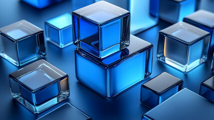 Obraz premium Shiny blue glass cubes arranged on blue background.