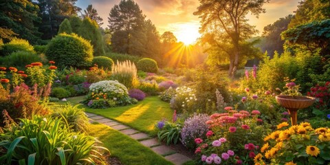 Obraz premium Soft, golden light illuminates a serene and peaceful scene of a blooming garden, filled with vibrant flowers, lush greenery, and a warm, inviting atmosphere.