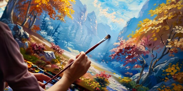 close up hand painting landscape mountain scenery on canvas painting, painting art, painting competition