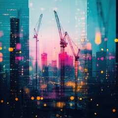 Fototapeta premium A vibrant city skyline at sunset, featuring cranes and illuminated buildings, showcasing the essence of urban development.