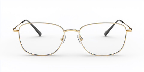 Fototapeta premium A pair of sleek, gold-rimmed eyeglasses with a minimalist design, displayed on a clean white background for a modern aesthetic