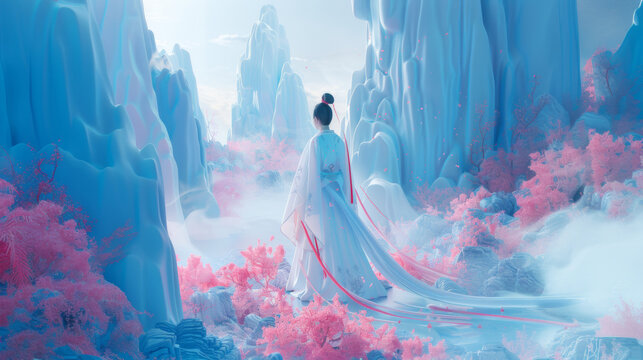 3D illustration of an anceint Chinese woman wearing Hanfu dress standing in moutains with clouds and pink flowers in ink style blue background
