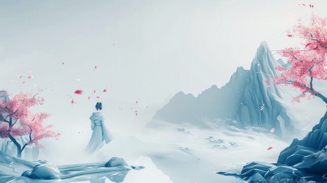 3D illustration of an anceint Chinese woman wearing Hanfu dress standing in moutains sea water with clouds and red flower trees in ink style grey background