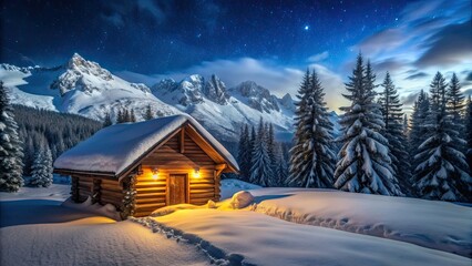 Snow-covered wooden cabin in a forest at night with snowy mountains in the distance, winter, cabin, snow, forest, night