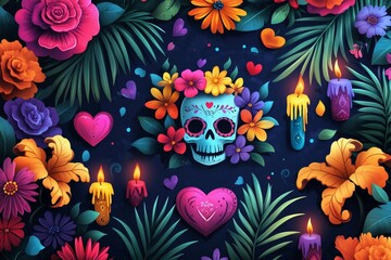 Fototapeta premium Dia de los Muertos or Day of Dead holiday. Traditional seamless pattern with skull, flowers, candles.