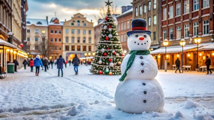 Naklejka premium Snowman standing in the busy town square during the winter season, snowman, town, winter, Christmas, holiday, festive, decoration