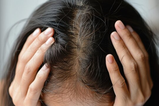A woman with a bald spot on her head is holding her hands to her head