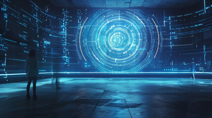 Fototapeta premium A 3D futuristic and high-tech blue background with holographic floating digital circles and glowing lines in futuristic virtual reality realistic cyberpunk style