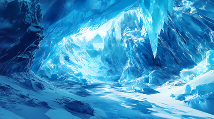Fototapeta premium Majestic frozen blue glacier interior, adventure travel through an ice cave, raw and vivid, detailed and immersive exploration. Glacier. Illustration