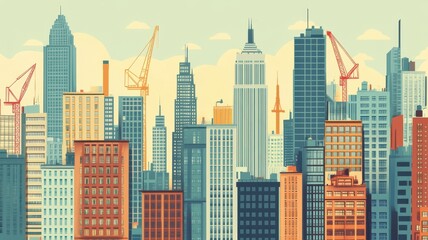 Fototapeta premium A vibrant skyline showcasing modern skyscrapers under construction, perfect for cityscape and urban development themes.
