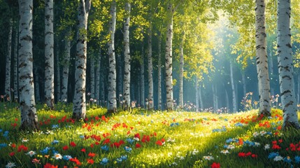 Sunlit Birch Forest with Wildflowers