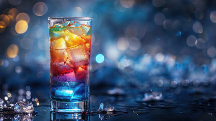 Elegant glass of colorful cocktail with fresh fruit juices and ice, served in a trendy bar setting. A refreshing and vibrant beverage for social gatherings.