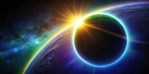 Obraz premium Solar eclipse overlay effect in neon blue, yellow, green, and purple with blazing star edge behind planet in dark sky