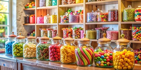 Fototapeta premium Charming handmade candy shop with a cozy feel, featuring a variety of colorful candies and treats , Candy, sweets, handmade