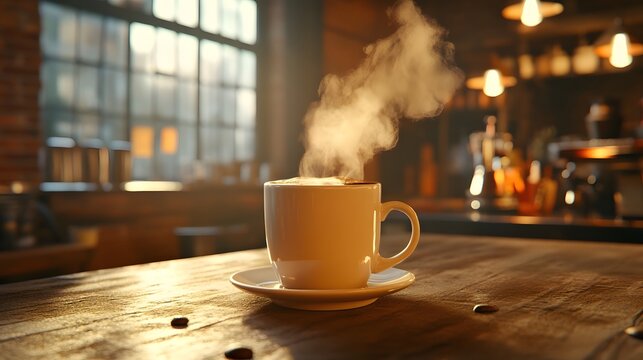 A 3D-rendered coffee mug steaming with fair-trade coffee in a cozy industrial setting