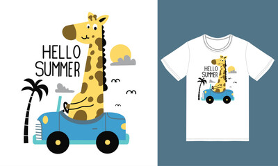 Cute giraffe driving car illustration with tshirt design premium vector