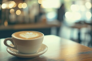 Cozy coffee shop setting with a beautifully crafted latte in vintage tones inviting relaxation on a calm afternoon