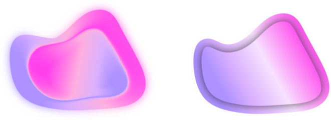 Two colorful iridescent gradient blobs with a translucent effect in purple and blue hues