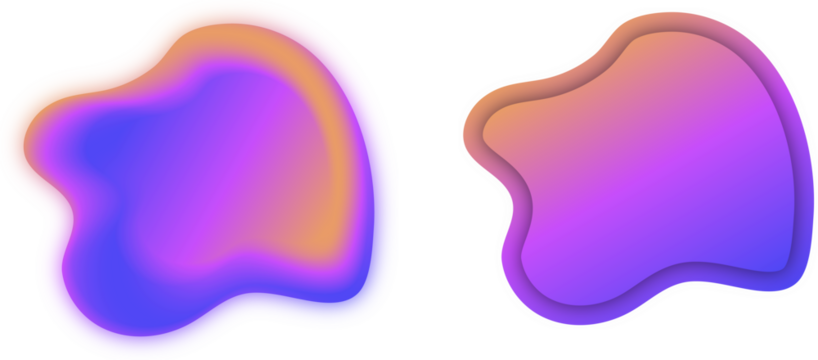 Set of 3D vibrant iridescent gradient blobs in purple and orange hues, isolated png cutout for design and decoration