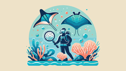  illustration of an oceanographer wearing scuba gear in the ocean, collecting a plankton sample above a coral reef with a cone-shaped net with magnified manta ray