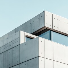 Modern architectural building corner featuring concrete textures and large glass windows under a clear blue sky.