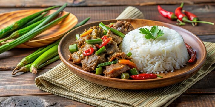 Chicken gizzard with rice, yardlong bean and budu tempoyak appertizer , chicken, gizzard, rice
