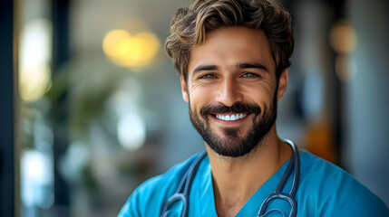 Smiling male doctor in scrubs.