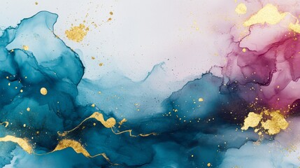 Abstract Watercolor Painting with Blue, Pink, and Gold