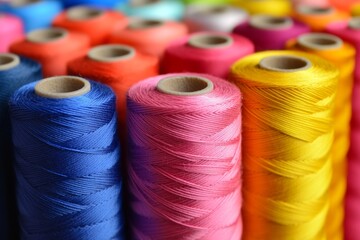 Colorful sewing threads arranged neatly in a textile workshop, showcasing vibrant hues for creative projects and garment production