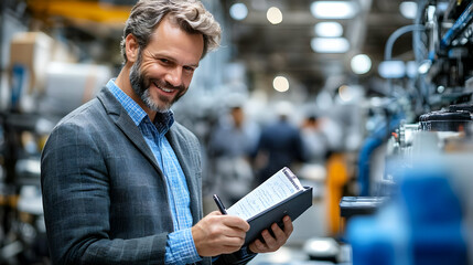 Smiling man in a factory, writing in a notebook while looking at a machine.