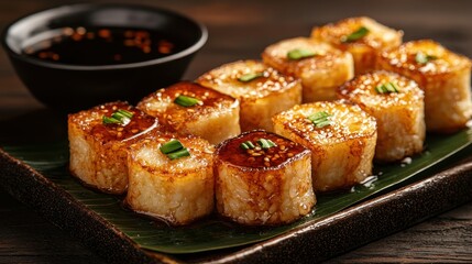 Sticky Rice Balls with Sesame Seeds and Green Onions on Banana Leaf