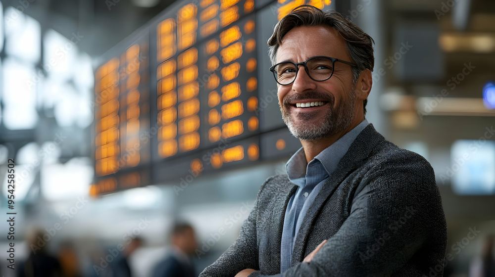 Poster Smiling man in a suit standing in front of a large information board.