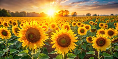 Obraz premium Field of sunflowers basking in golden sunlight, agriculture, nature, beauty, yellow, bright, summer, rural, farm, floral