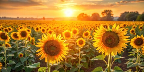 Fototapeta premium Field of sunflowers basking in golden sunlight, sunflowers, field, sunlight, nature, summer, bright, yellow, blossoms, agriculture