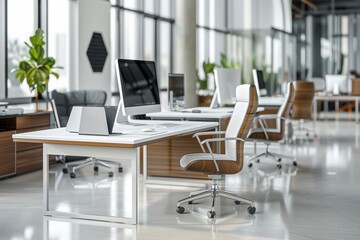 Fototapeta premium A large open office space with a lot of white furniture and a few plants