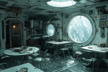 A room with a large window and a circular table with chairs