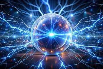 Obraz premium Sparkling blue electric arcs burst from a charged metal sphere, surrounded by crackling static electricity, against a