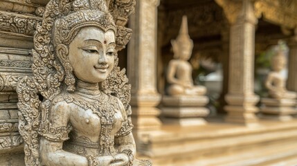 Smiling Stone Statue in a Thai Temple with Ornate Detailing