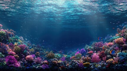 Obraz premium Underwater Coral Reef with Colorful Fish and Sunbeams
