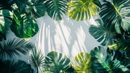 Naklejka premium Lush Tropical Leaves with Shadows on a White Background