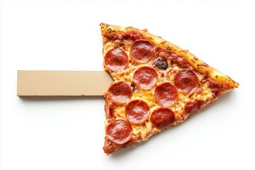 Pizza Pointer: A slice of pepperoni pizza transformed into an arrow, pointing towards a blank cardboard sign. This playful image is perfect for food blogs, restaurants, or any project needing a unique