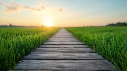 Fototapeta premium A wooden path stretching through green grass fields towards the setting sun, capturing the beauty of nature in a serene landscape.