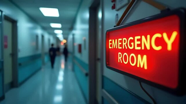 Emergency Room Sign Illuminated in Hospital Hallway
