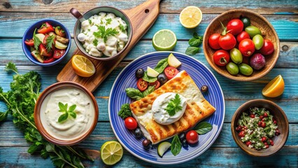 Traditional Greek dishes including feta, yogurt, tzatziki, moussaka, Greek salad and fish, Greek, gastronomy, cuisine