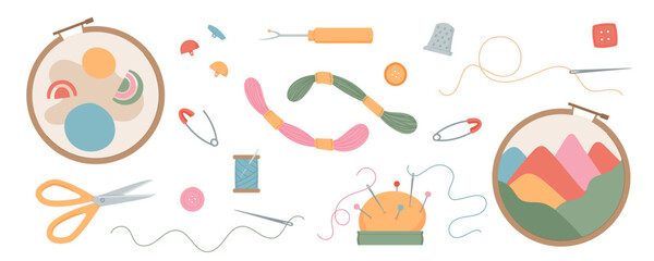 Sewing tools and embroidery supplies set with thread, needle, tailor, sewing, and sew objects. Includes scissors, buttons, pin cushion and embroidery hoops. Flat cartoon graphic, cute vector design.