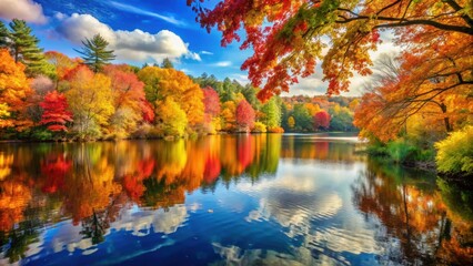 Fototapeta premium Autumn landscape with colorful foliage and a serene lake, autumn, landscape, foliage, colorful, serene, lake, trees